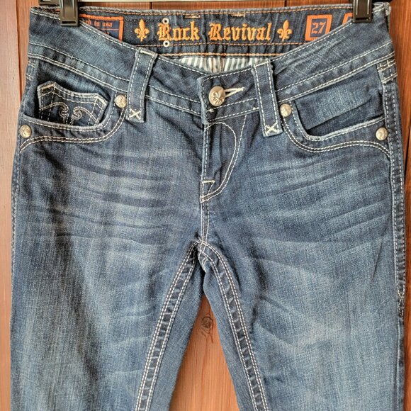 Rock Revival Women Deborah Boot Cut Jean 27 Med/Dark Wash Silver Metallic Stitch - Picture 3 of 15